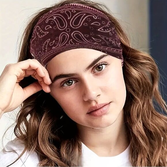 Private Label Accessories - NEW Maroon Red Bandana Print Wide Stretchy Headband Casual Boho